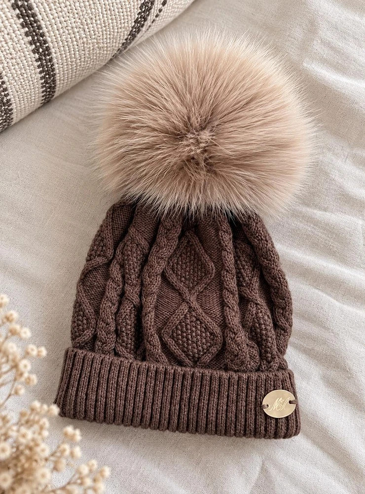 Unisex Hat with Detachable Pompom Tan Beige and Chocolate