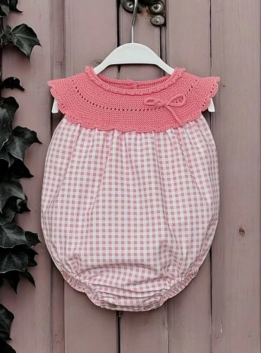 Unisex knit and fabric romper with gingham in two colors
