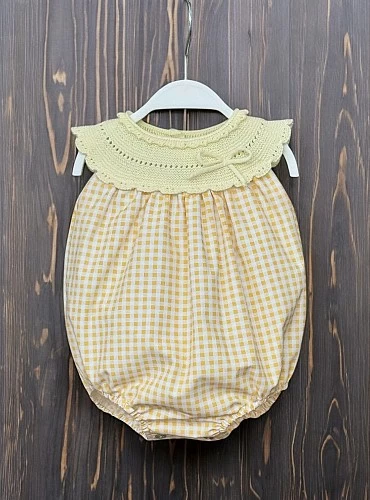 Unisex knit and fabric romper with gingham in two colors