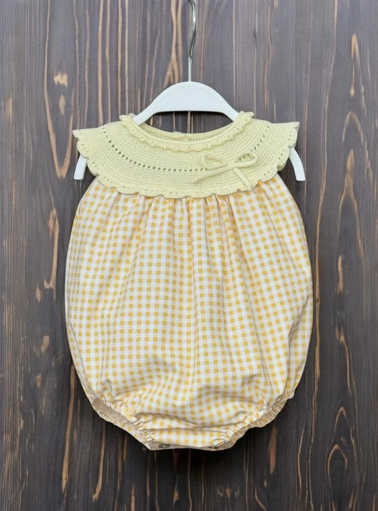 Unisex knit and fabric romper with gingham in two colors