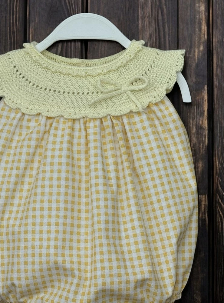 Unisex knit and fabric romper with gingham in two colors