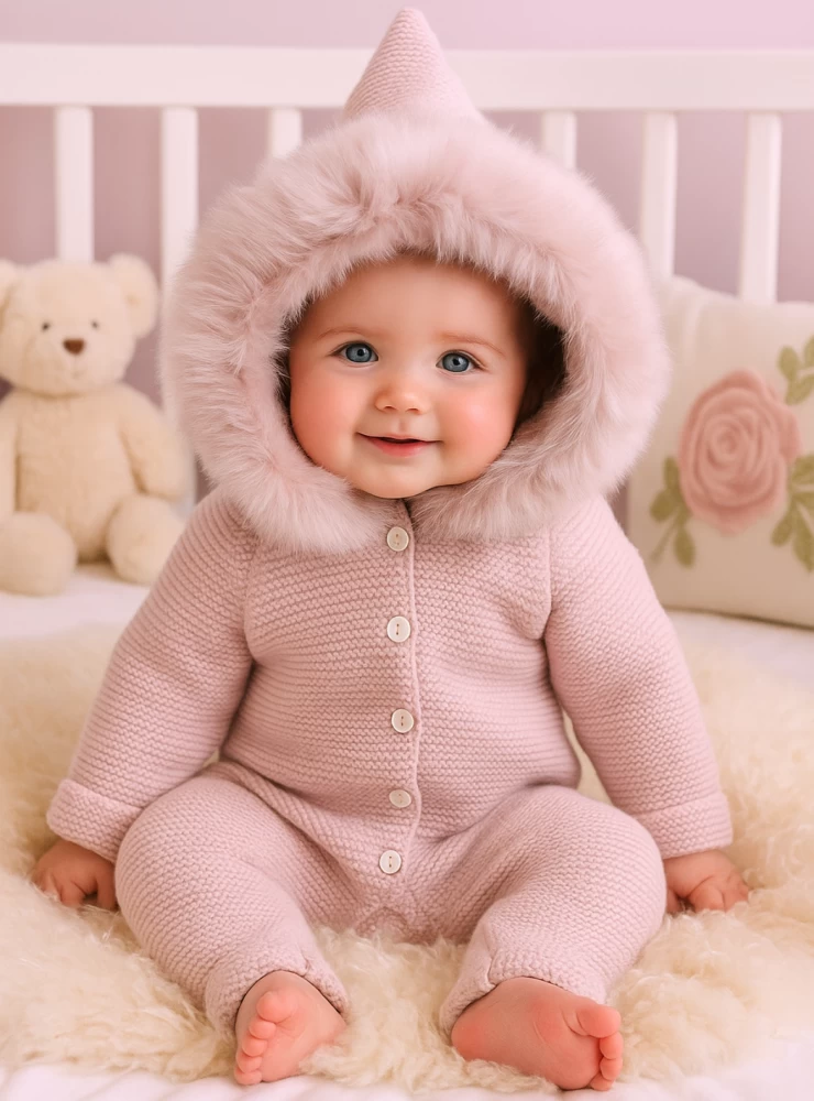 Unisex knit jumper with fur hood