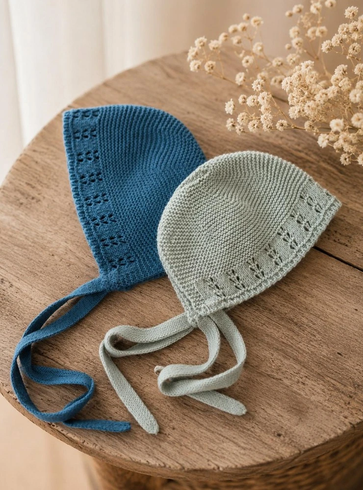 Unisex knitted baby bonnet in emerald green and dusty green