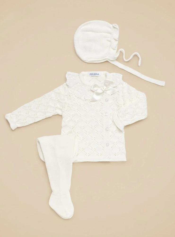 Unisex knitted baby set with hood | Beige summer collection