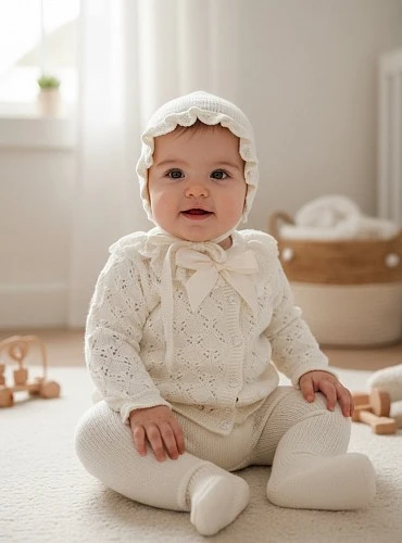 Unisex knitted baby set with hood | Beige summer collection