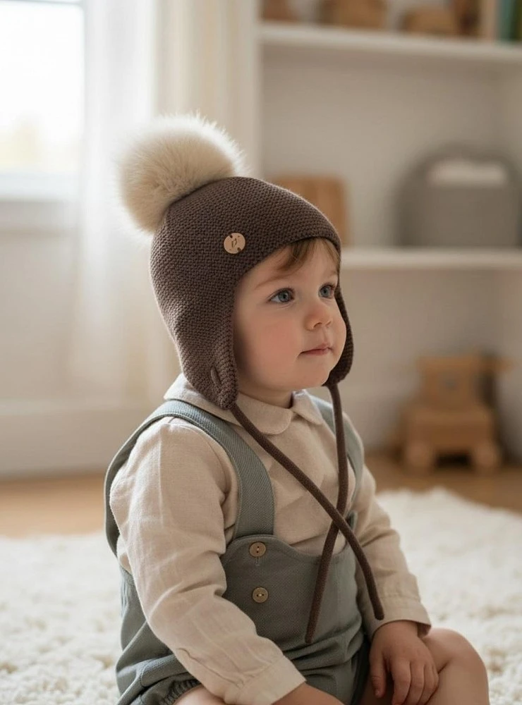 Unisex Knitted Beanie with Natural Fur Pom Pom