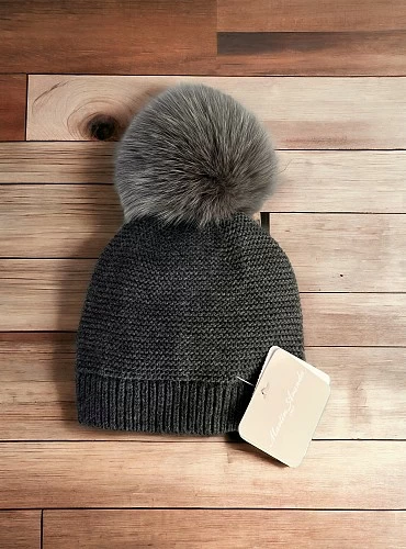 Unisex Knitted Beanie with Natural Fur Pom Pom