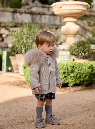 Unisex Knitted Duffle Coat in Sand with Detachable Fur