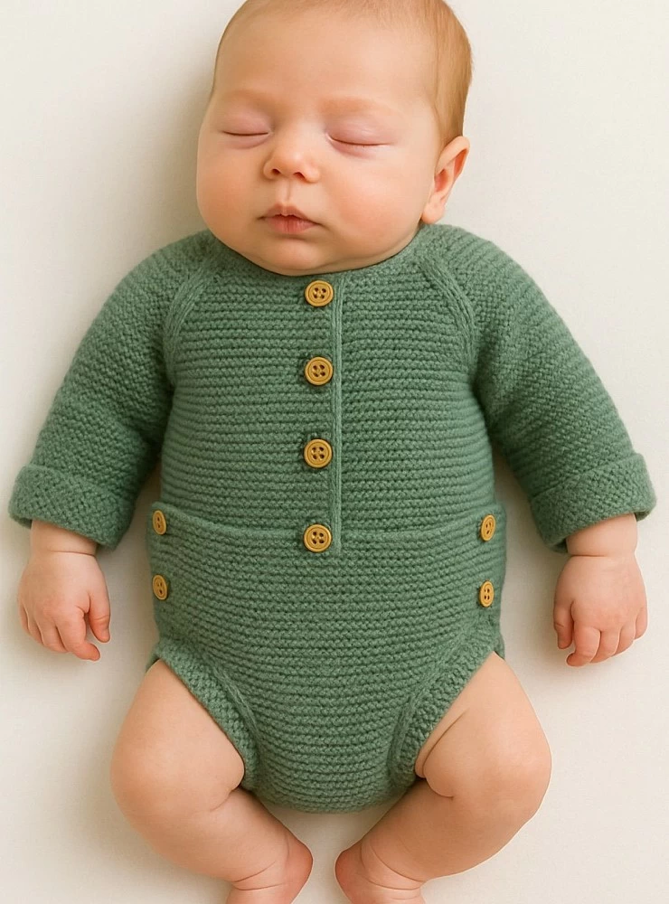 Unisex knitted romper with wooden buttons