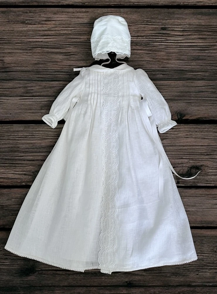 Unisex linen christening gown with bonnet | Luca Collection