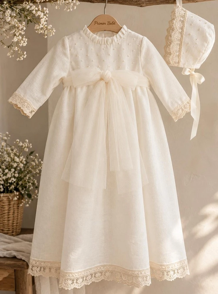 Unisex linen christening gown with bonnet – Serena Collection