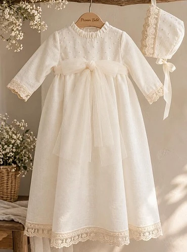 Unisex linen christening gown with bonnet – Serena Collection