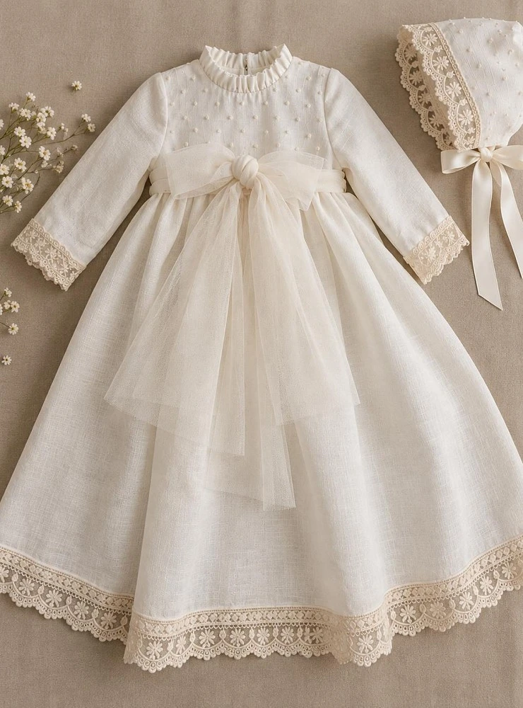 Unisex linen christening gown with bonnet – Serena Collection