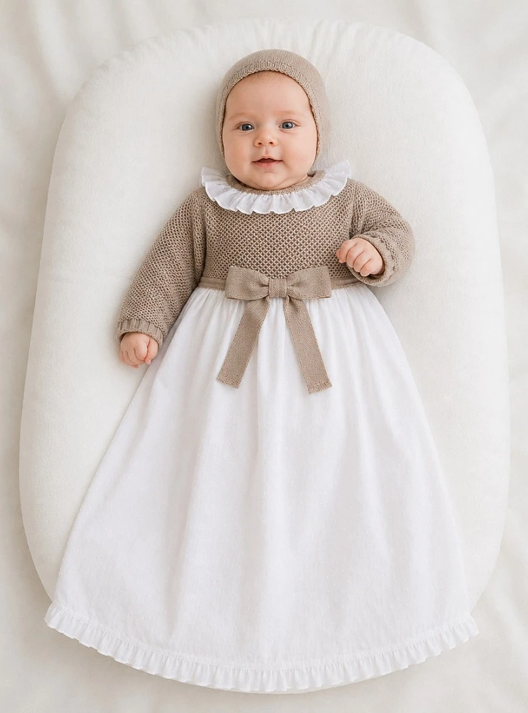 Unisex plumeti baby dress with knitted bodice and hood