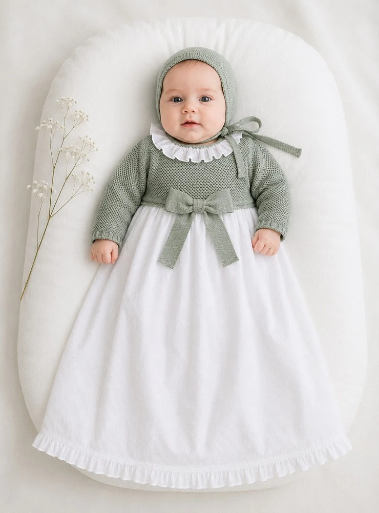 Unisex plumeti baby dress with knitted bodice and hood