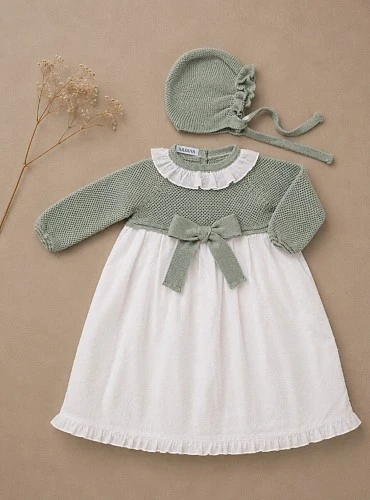 Unisex plumeti baby dress with knitted bodice and hood