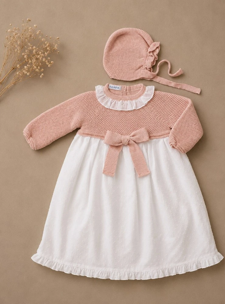 Unisex plumeti baby dress with knitted bodice and hood