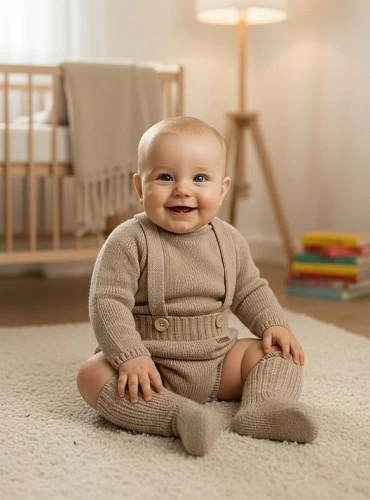 Unisex romper and sweater set in sand color, made of Italian Merino wool