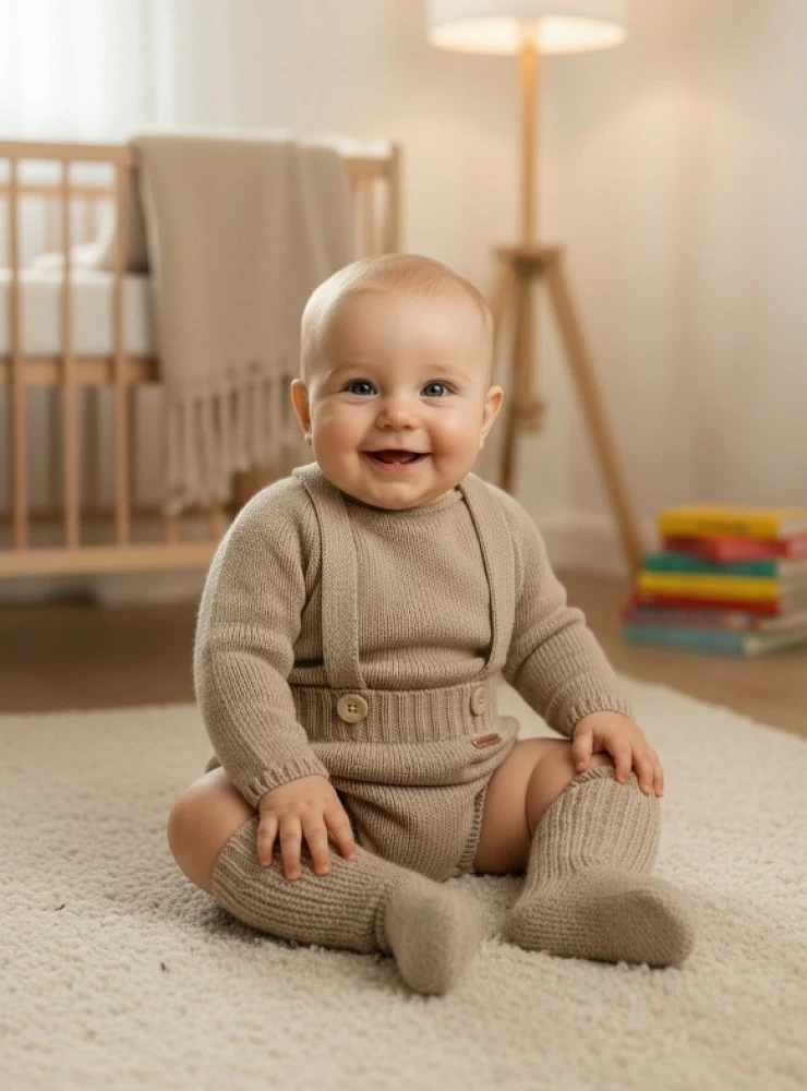Unisex romper and sweater set in sand color, made of Italian Merino wool