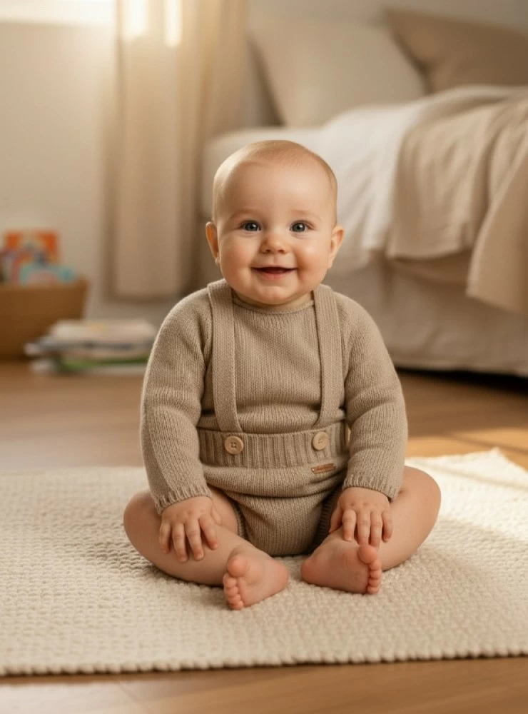 Unisex romper and sweater set in sand color, made of Italian Merino wool