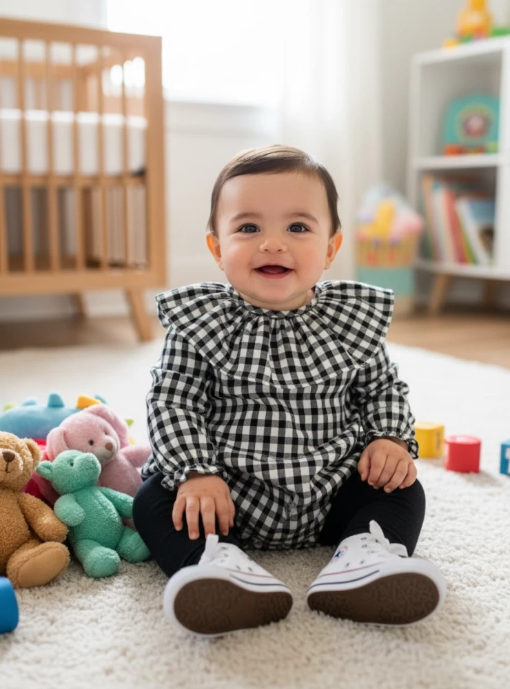 Unisex romper in black gingham box. Various sizes