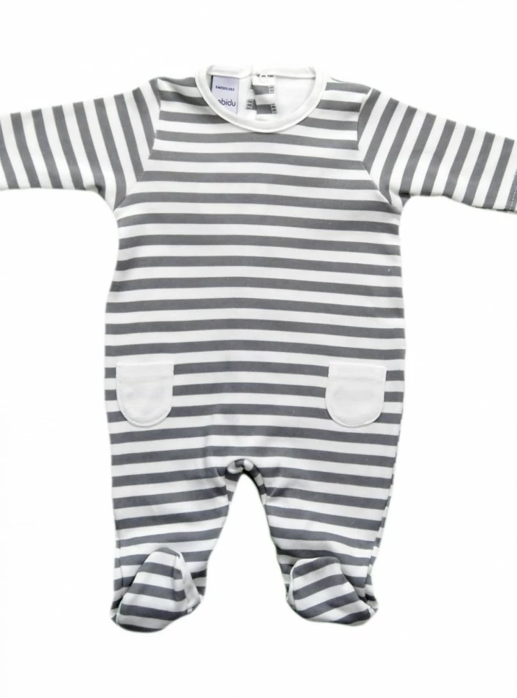 Unisex romper in green or gray stripes. O-Inv