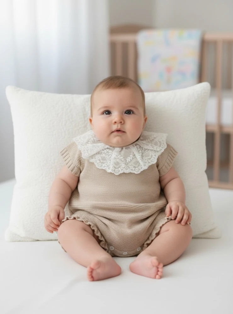 Unisex romper in sand stitch with Guipure collar