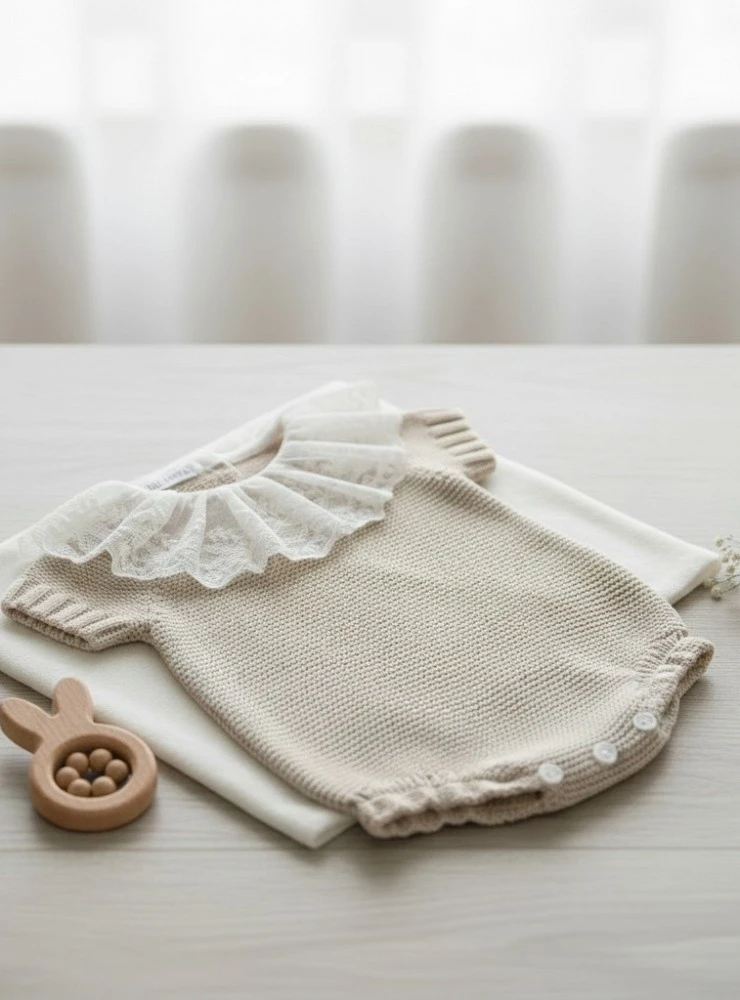Unisex romper in sand stitch with Guipure collar