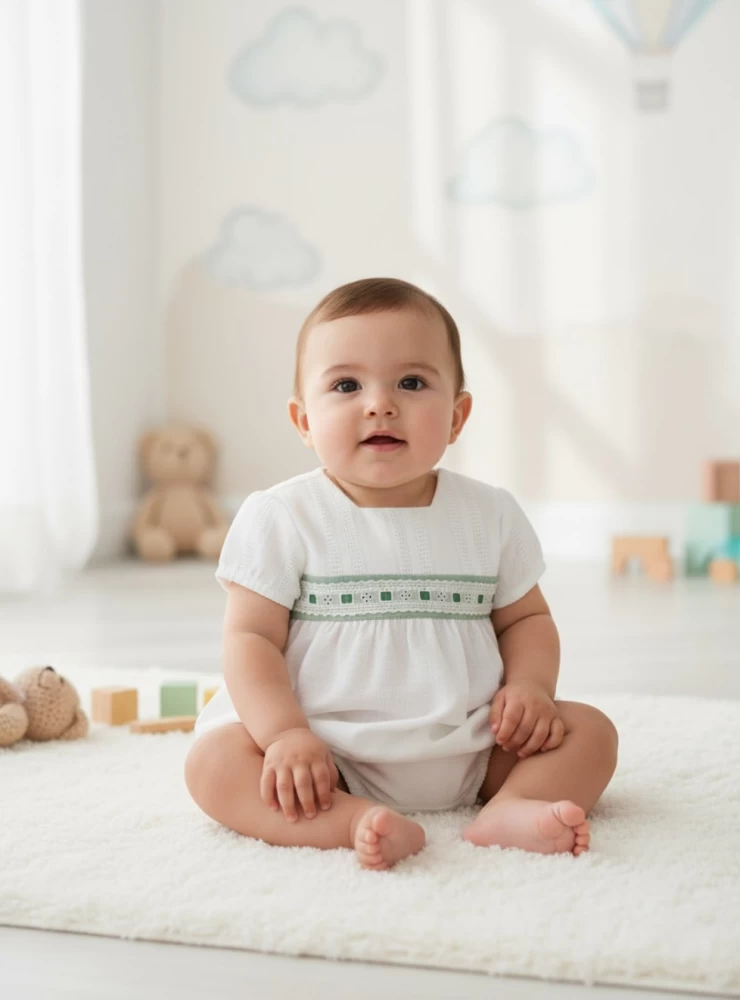 Unisex romper in white and green from the Romance collection