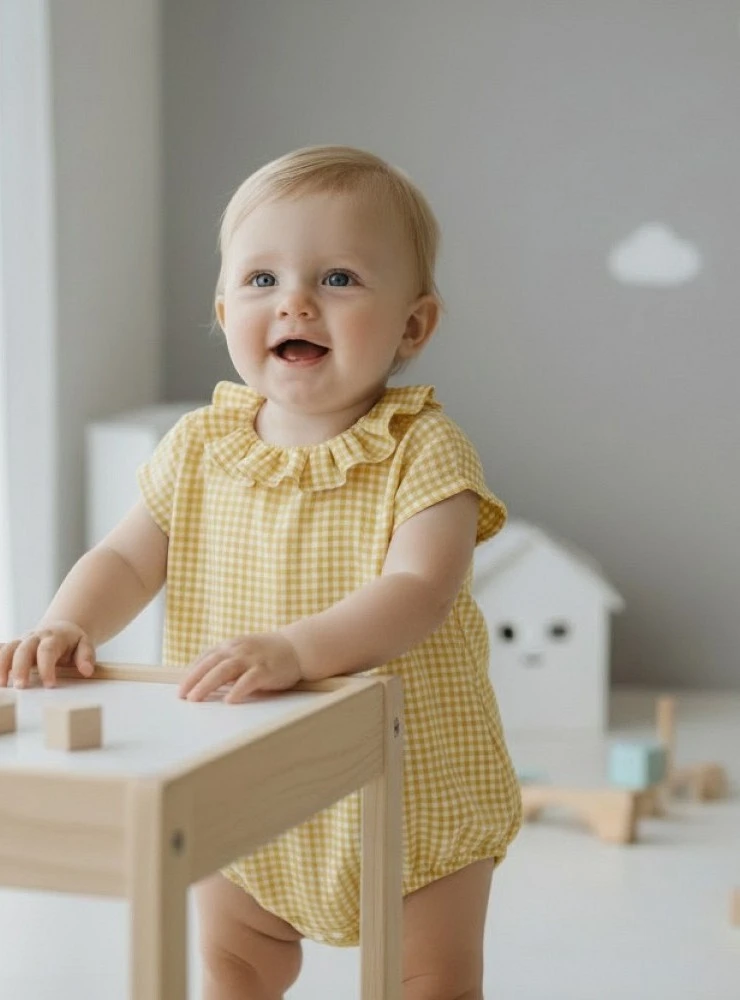 Unisex romper with caramel gingham check.