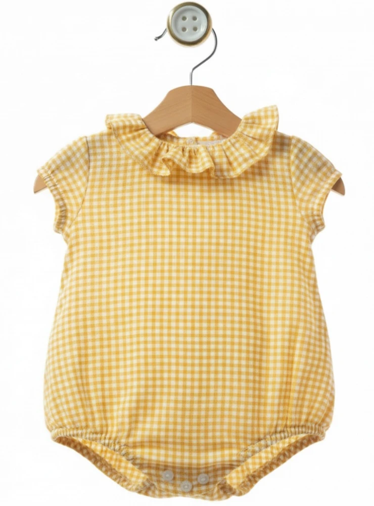 Unisex romper with caramel gingham check.