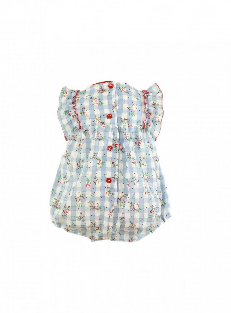 Unisex romper with light blue gingham and red plumeti