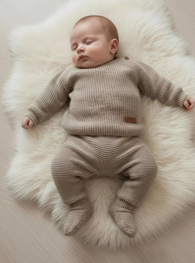 Unisex set in sand color. Made of Italian merino wool.