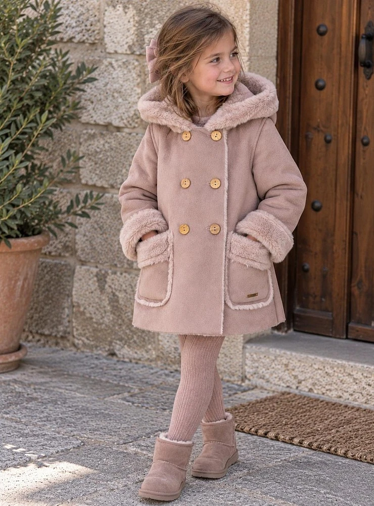 Unisex shearling-style jacket with dusty pink and camel-colored fur