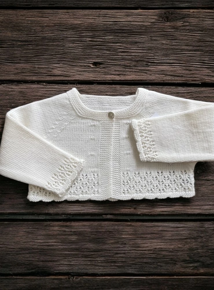 Unisex short christening jacket. Light beige.