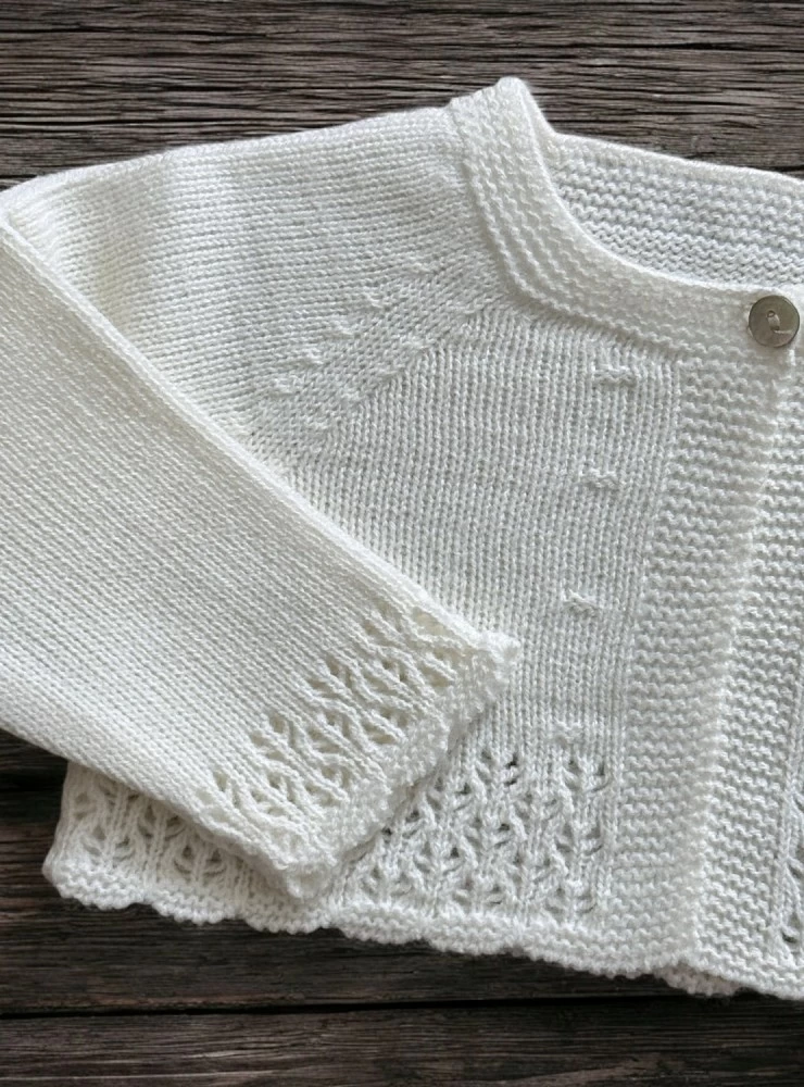 Unisex short christening jacket. Light beige.