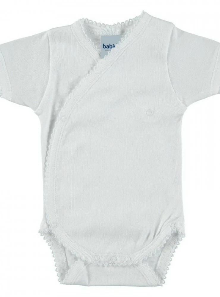 Unisex short-sleeved crossover bodysuit. White