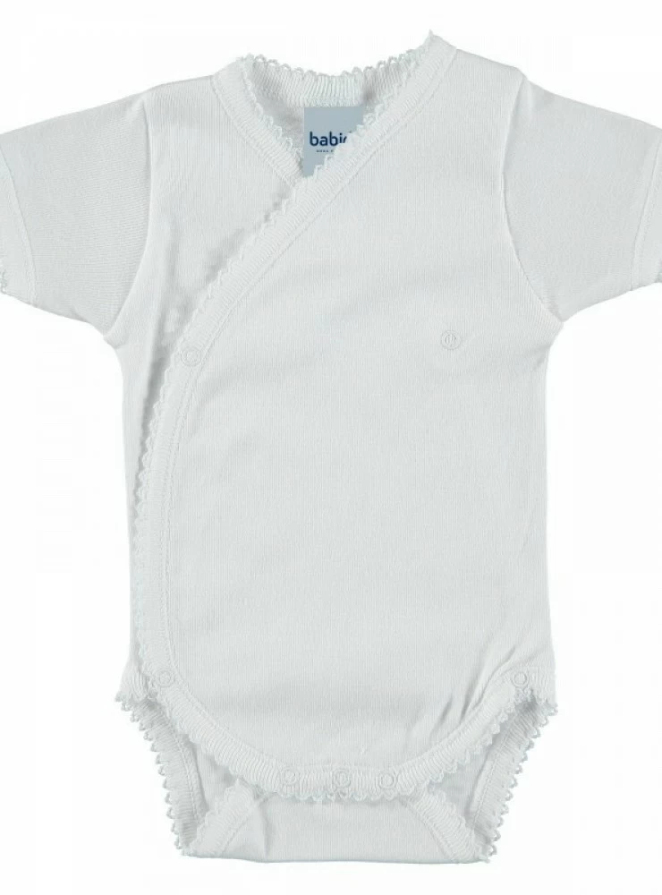 Unisex short-sleeved crossover bodysuit. White