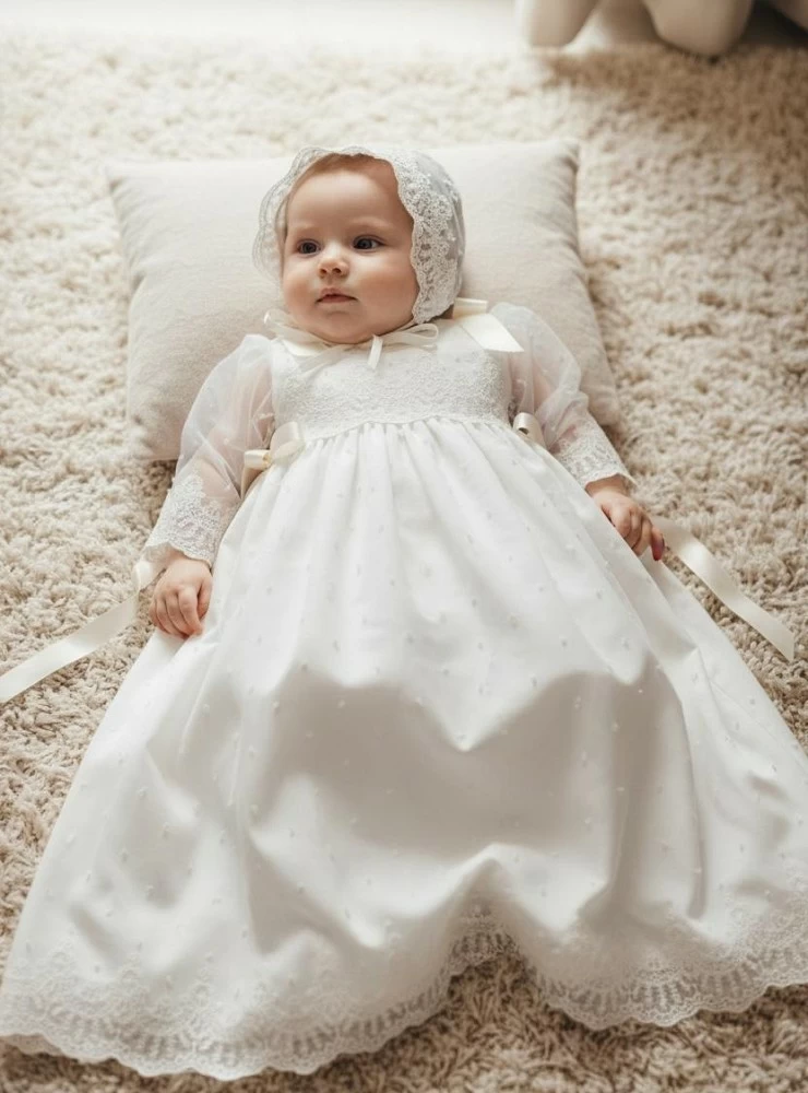 Unisex three-piece set. Dress with bonnet and bloomers from the Fantasy collection