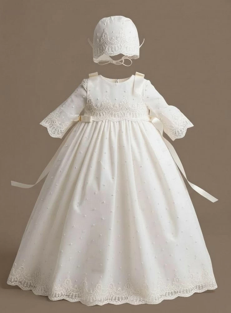Unisex three-piece set. Dress with bonnet and bloomers from the Fantasy collection