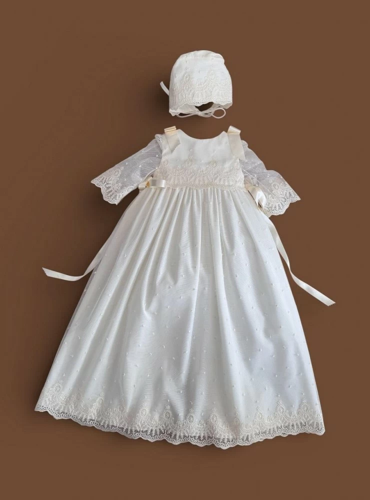 Unisex three-piece set. Dress with bonnet and bloomers from the Fantasy collection