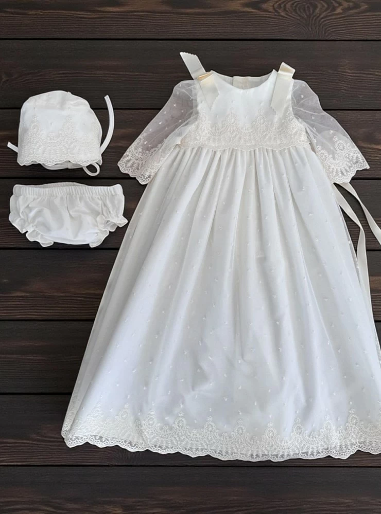 Unisex three-piece set. Dress with bonnet and bloomers from the Fantasy collection