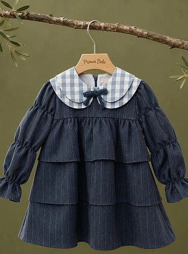 Vestido bebé niña azul con cuello de cuadros | Colección Nieves