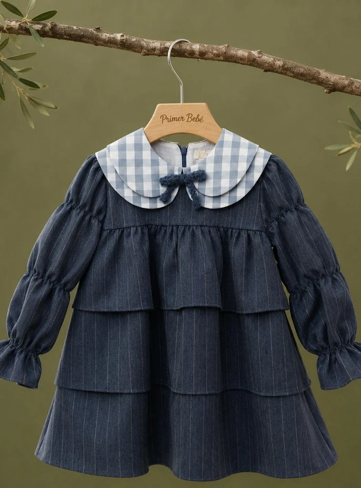 Vestido bebé niña azul con cuello de cuadros | Colección Nieves