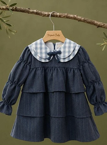 Vestido bebé niña azul con cuello de cuadros | Colección Nieves