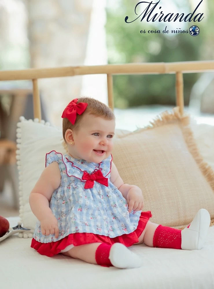 Outfit Niña Vestido Vuelo Fajín Volantes Desmontable Rojo & Puntilla Beige