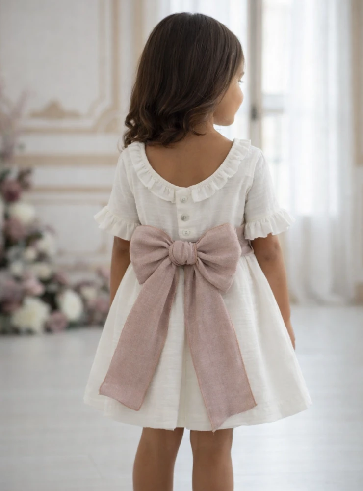 Vestido de bambula crudo con manga francesa. Lazo en dos colores