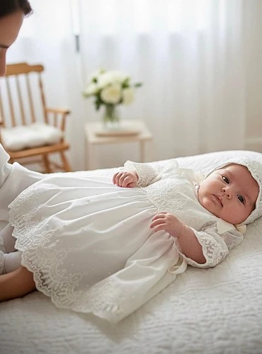 Vestido de bautizo para bebé con capota y braga de tul bordado beige | Colección Fantasía Vestido de bautizo para bebé con capota y braga de tul bordado beige | Colección Fantasía