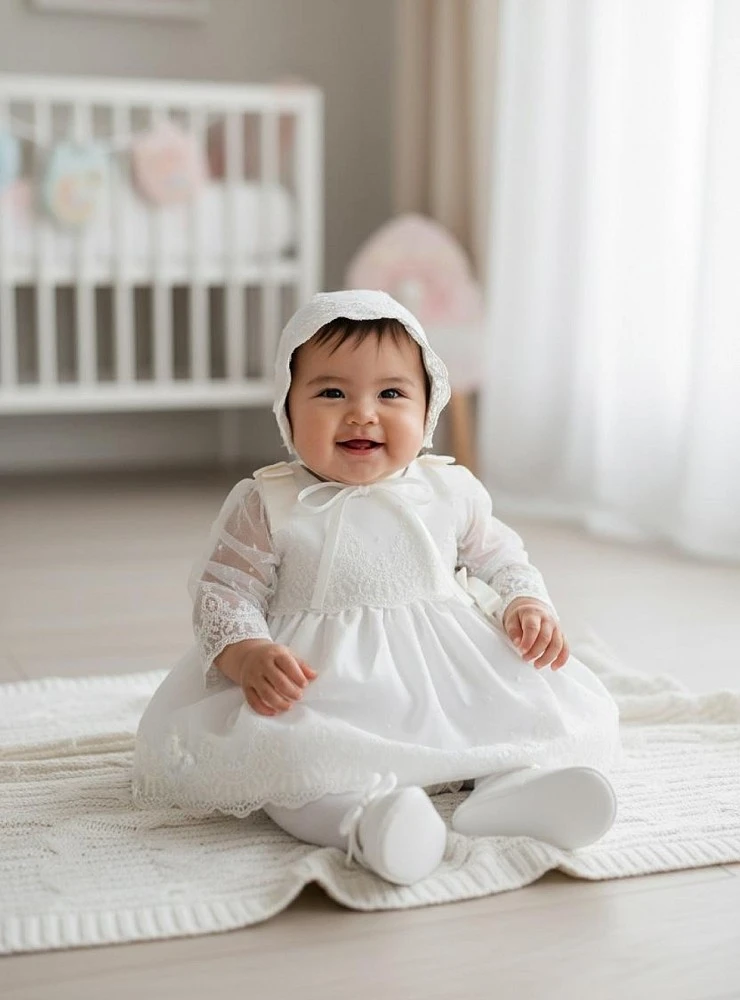 Vestido de bautizo para bebé con capota y braga de tul bordado beige | Colección Fantasía