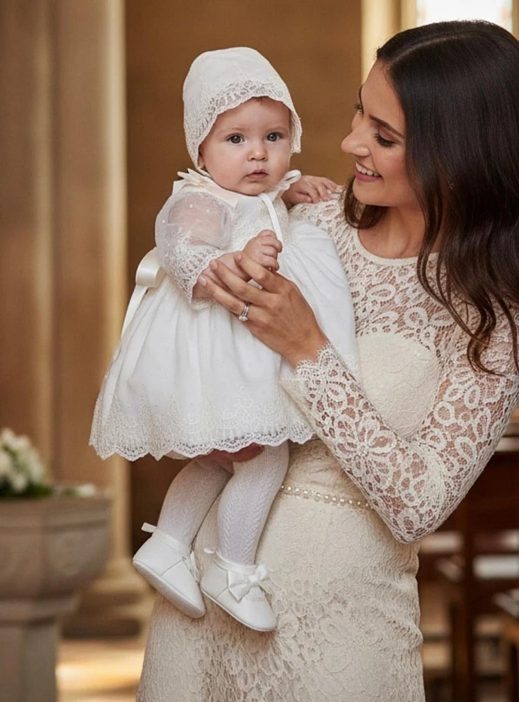 Vestido de bautizo para bebé con capota y braga de tul bordado beige | Colección Fantasía